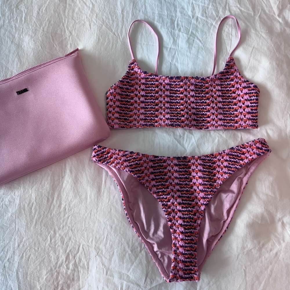Triangl maia bikini bloss pink orange purple sparkle crochet S++ top, L bottoms